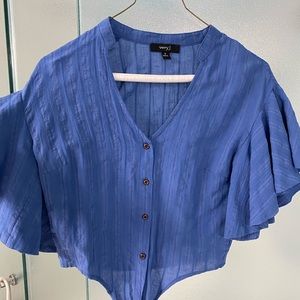 Blue Crop Button Up Short Sleeve Blouse